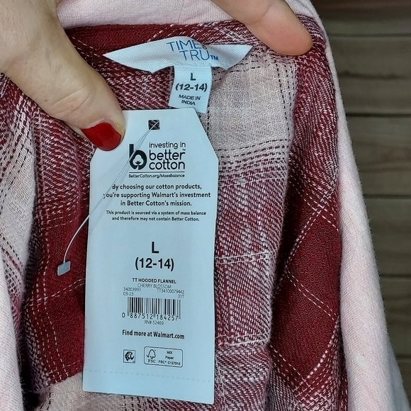 Time & Tru hooded flannel shirt button down maroon cream pink plaid pattern L - Picture 6 of 8